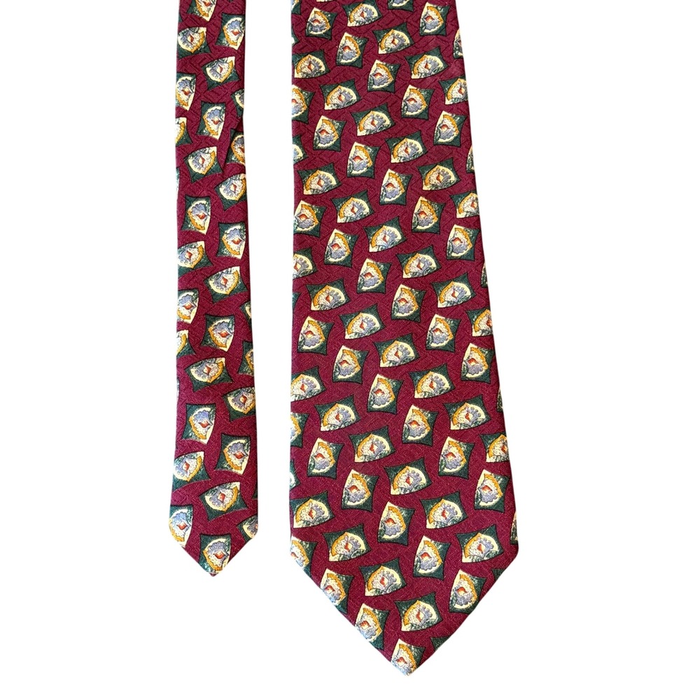 Chaps Ralph Lauren Mens Silk Tie Burgundy Green Geometric‎ Medallion USA Made - Picture 3 of 7